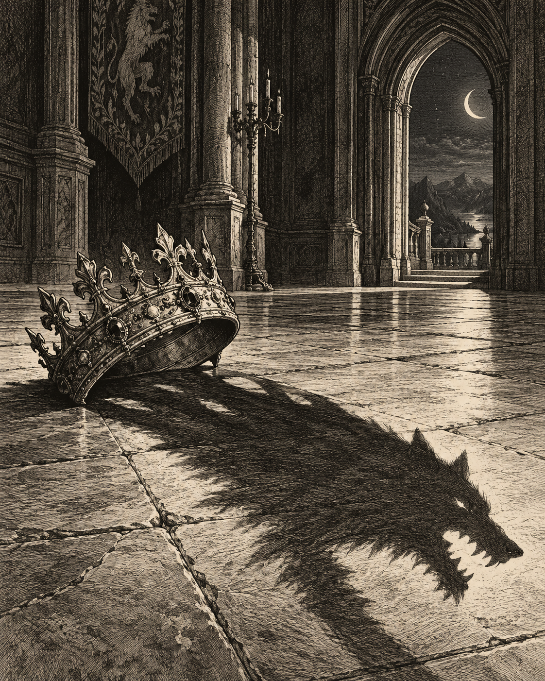 Black-and-white illustration of The Cursed King, from The Howl We Inherit