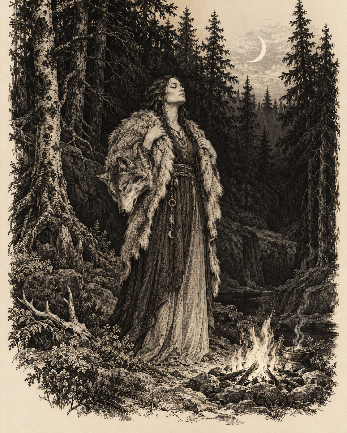 Black-and-white illustration of The Sacred Skin-Changer, from The Howl We Inherit