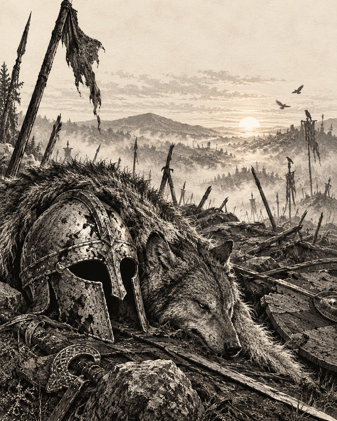 Black-and-white illustration of The Warrior Wolf, from The Howl We Inherit