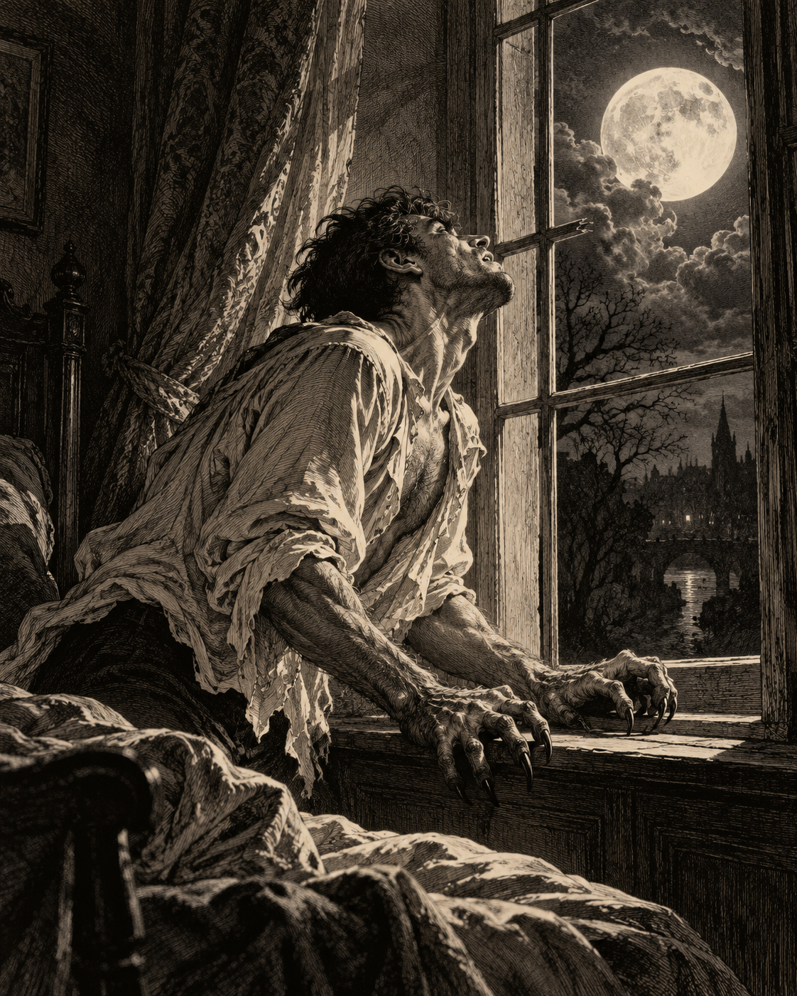Black-and-white illustration of The Full Moon Wolf, from The Howl We Inherit