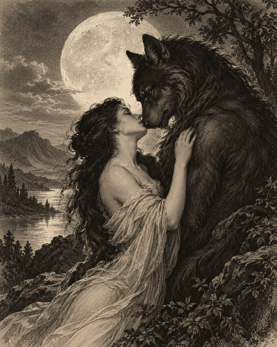 Black-and-white illustration of The Romantic Wolf, from The Howl We Inherit